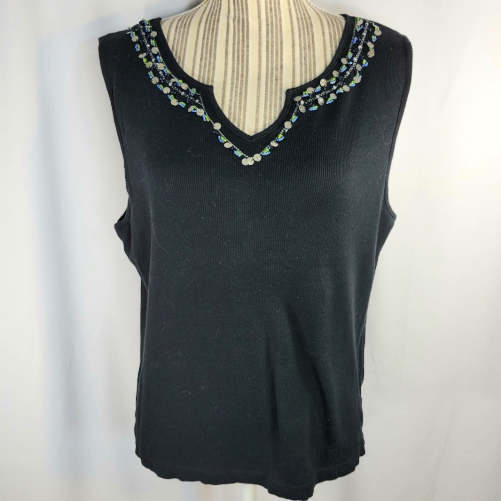 Reference Point Black Sequin Accent  Front Neckline Sleeveless Top Size XLarge